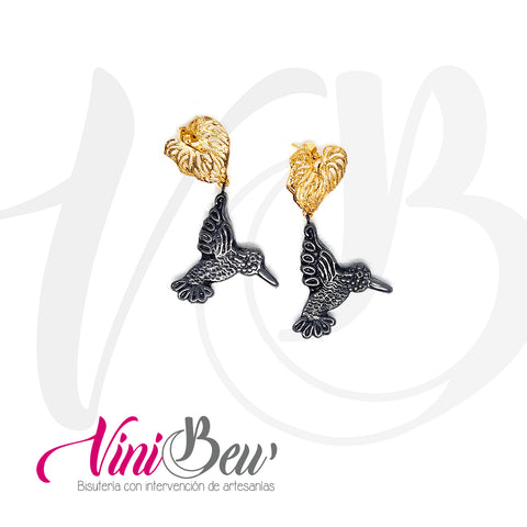 Aretes de Colibrí Barro Negro con chapa de oro